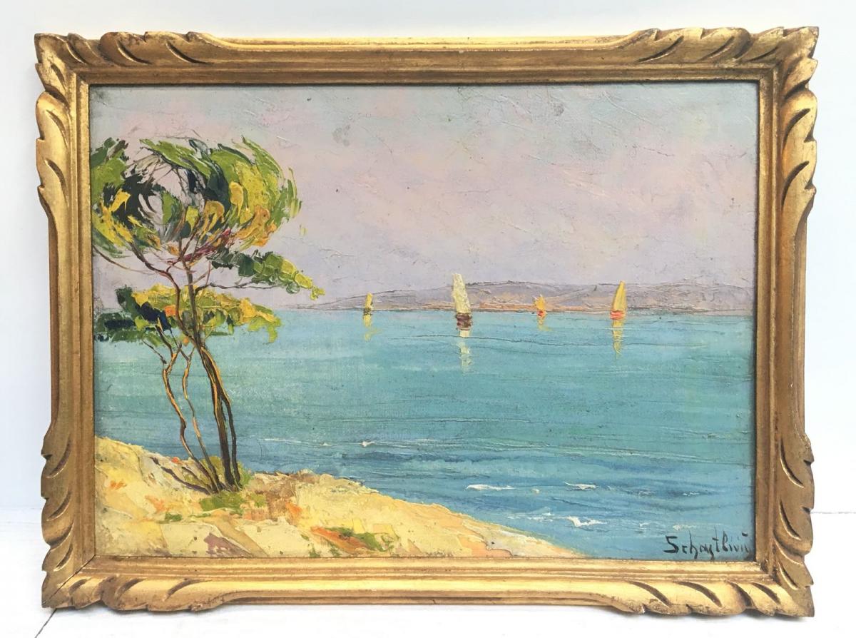 Gouache Sur Panneau (carton) - Vue De Bord De Mer, Signé