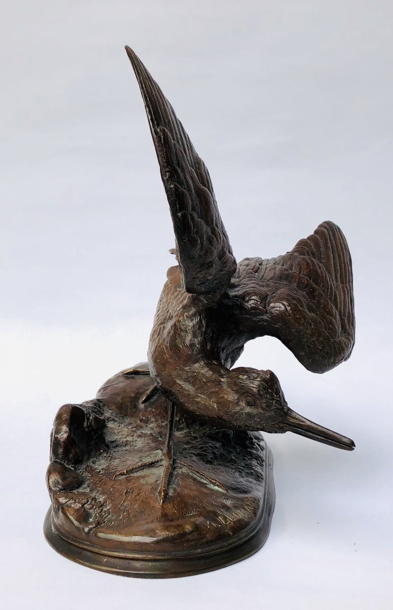 A.leonard: Bronze Sculpture Of A Woodcock In Flight-photo-3