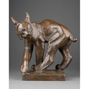 Jussi Mantynen (1886-1978, Finlande) 'ion Vädrar Fara' Lynx Aux Aguets, Rare Bronze Art Déco