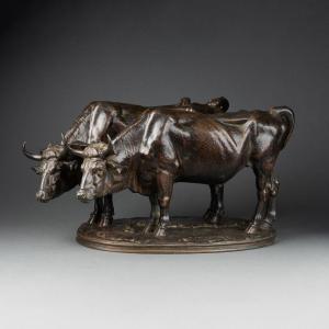Alfred Jacquemart (1824-1896) : "oxen Team" - Bronze 19th Century, Fonte F. Barbedienne