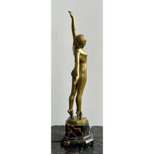 F.ouillon-carrère: "dancer With Lances", Bronze Sculpture On Portor Marble Circa 1920