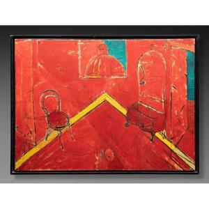 Large Painting Signed In Cyrillic, Dated 1990 (inspired By Matisse's "l'atelier Rouge")