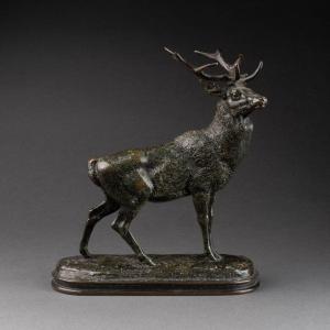 Antoine Louis Barye : "cerf Qui écoute", Fonte "cachet Or" F. Barbedienne, 1876-1889 