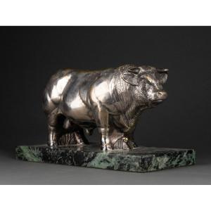 Laugerette : Taureau En Bronze Argenté Vers 1960/70