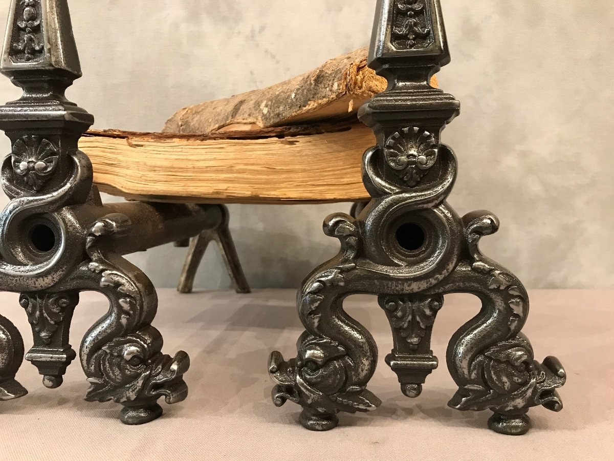 Old Cast Iron Andirons With Dolphins From The 19th Time-photo-2