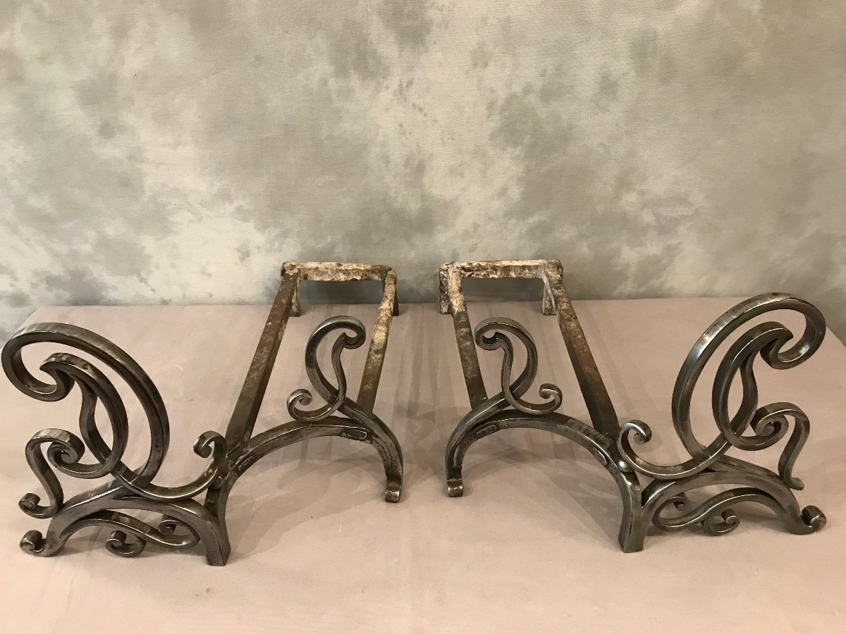 Pair Of Andirons In Polished Iron From The 18th Century-photo-2