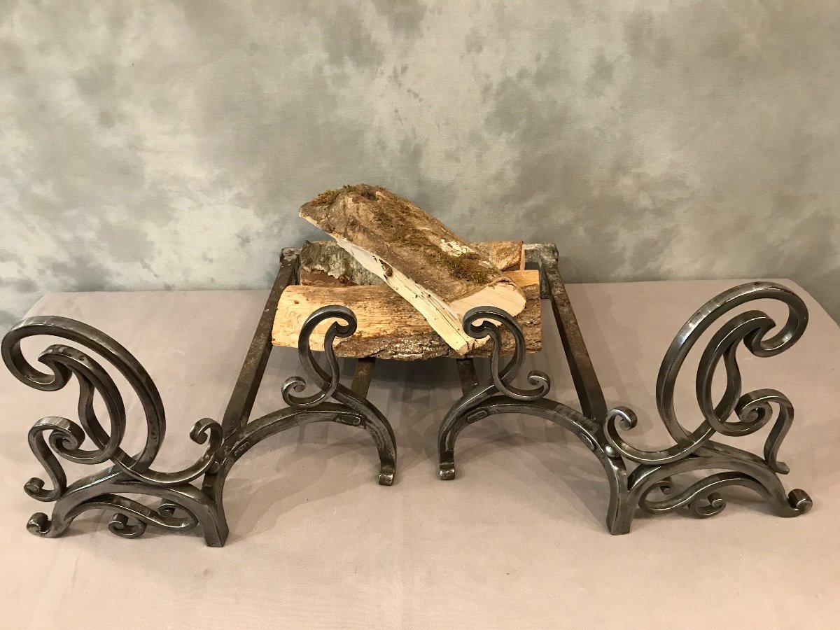 Pair Of Andirons In Polished Iron From The 18th Century-photo-4