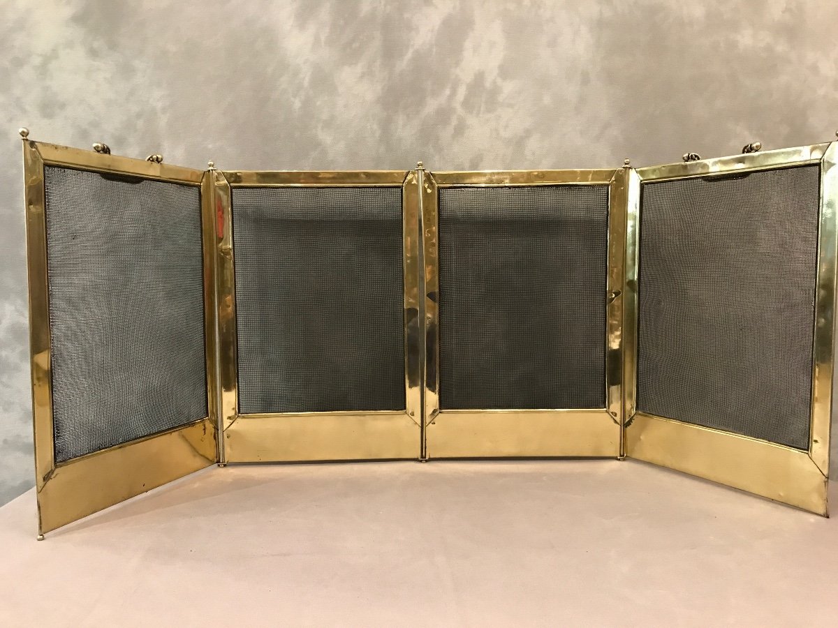 Antique Fireplace Screen In Polished Brass And Varnish From The 19th Century In Louis XVI Style-photo-3