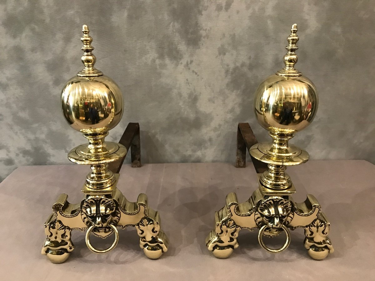 Beautiful Old Dutch Andirons In Brass From The 19th Century-photo-4
