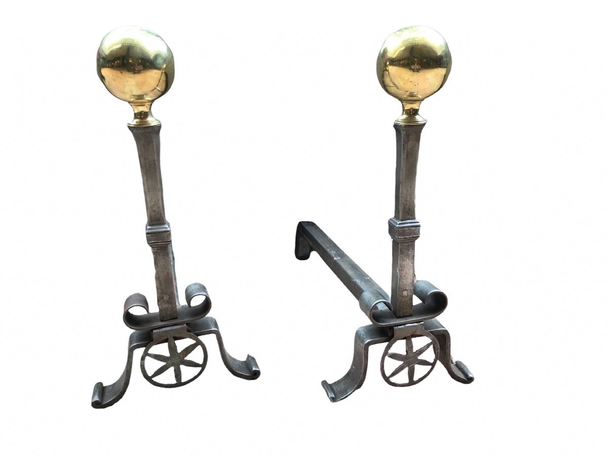 Pair Of Large Andirons In Iron And Brass From The 19th Century