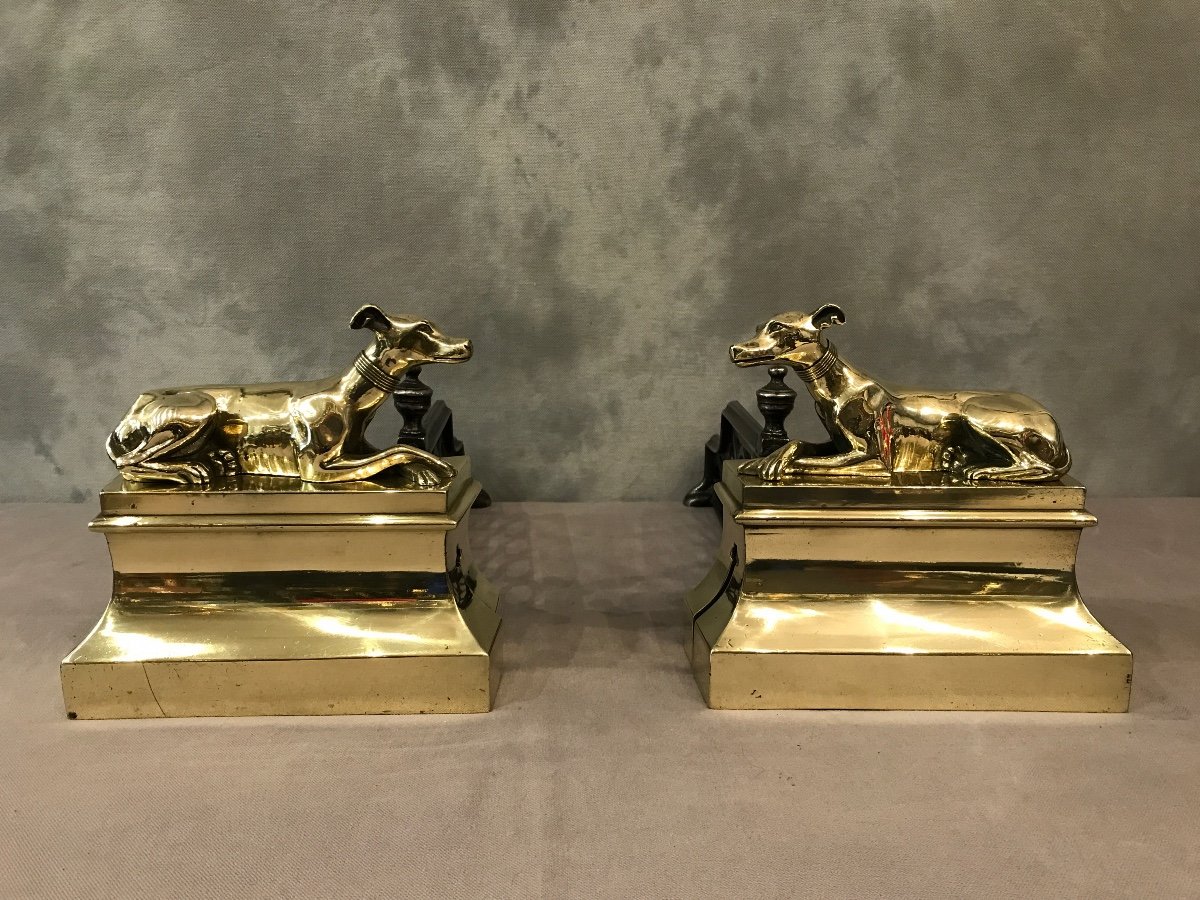 Pair Of Andirons With Doggies In Bronze And Polished Brass From The 19th Century-photo-4