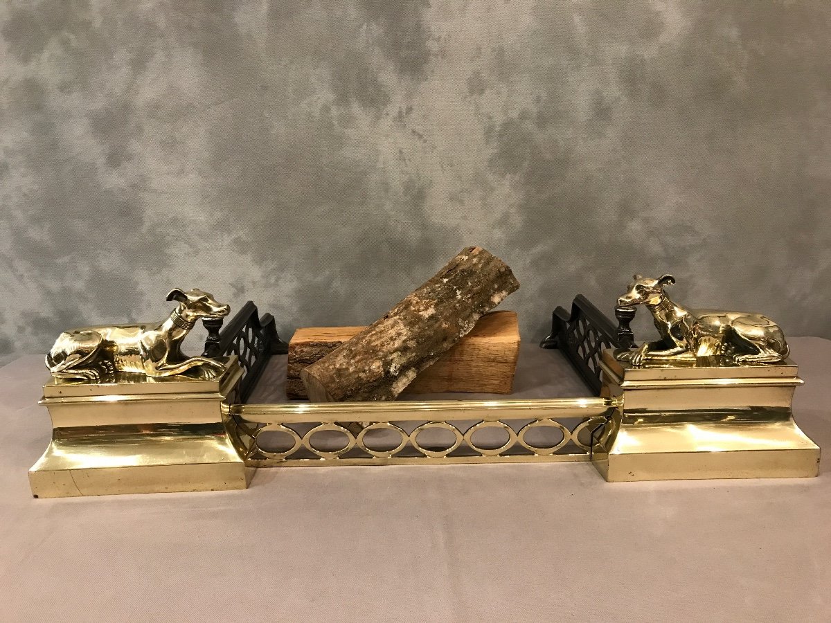 Pair Of Andirons With Doggies In Bronze And Polished Brass From The 19th Century