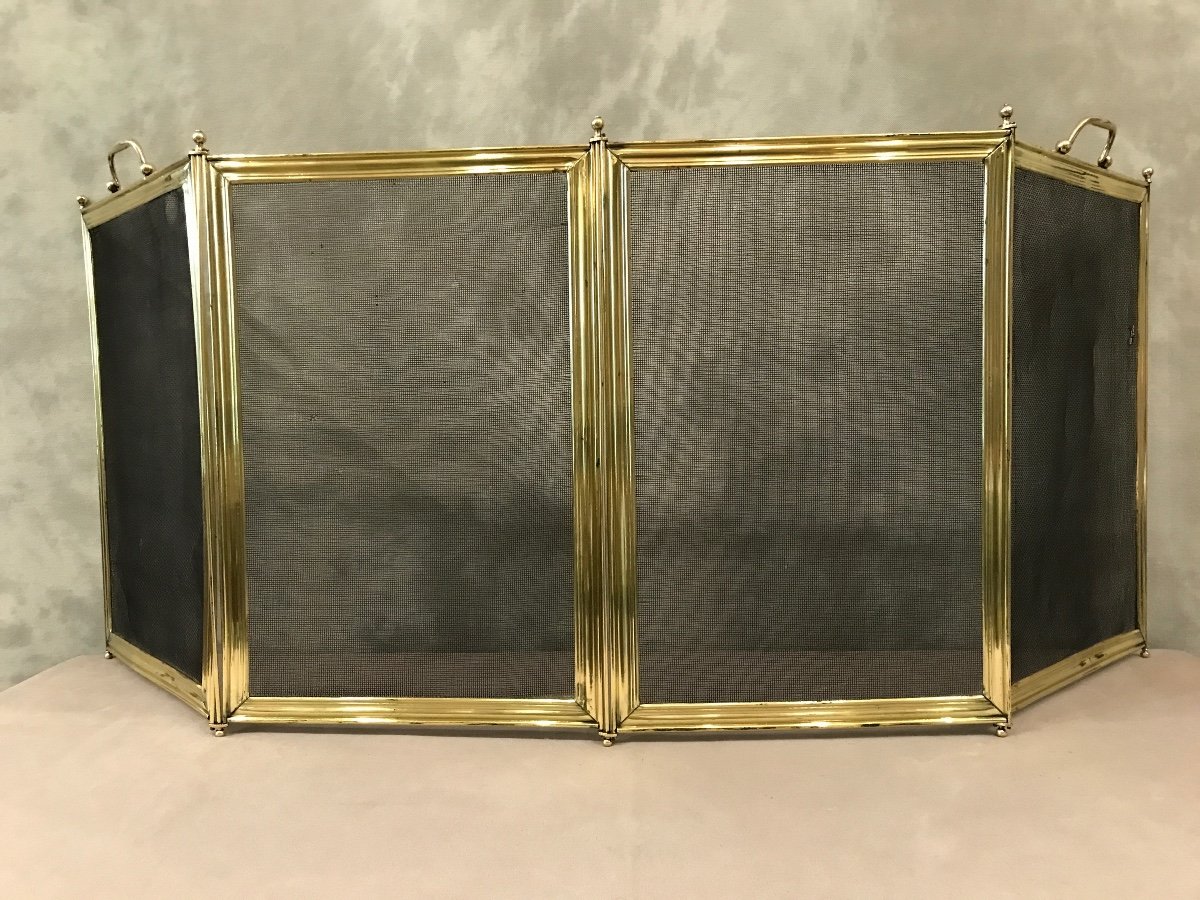 Antique Fireplace Screen In Polished Brass And Varnish From The 19th Century-photo-3