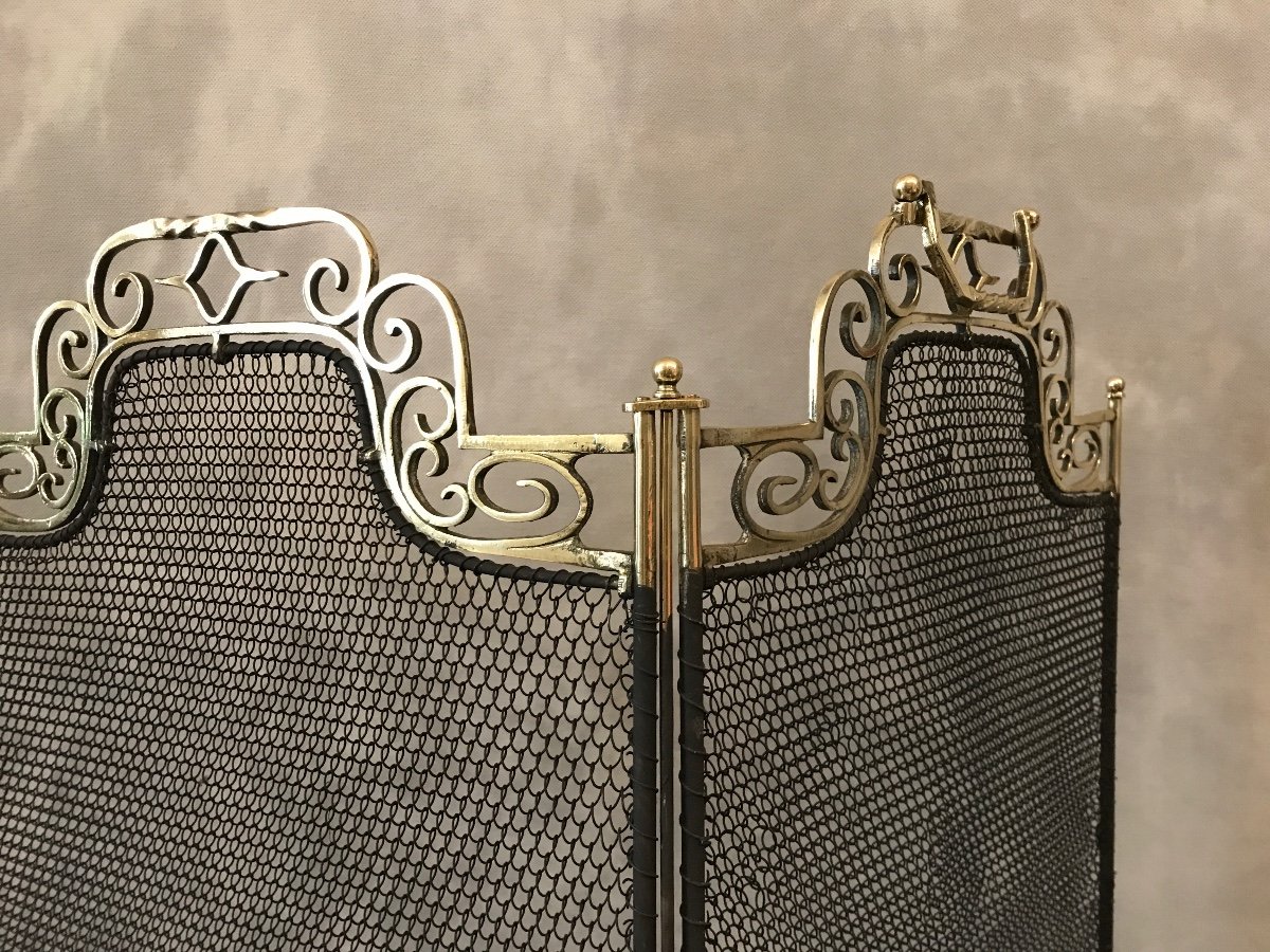 Antique Fireplace Screen In Blackened Iron And Upper Parts In Polished Bronze From The 19th Century-photo-2