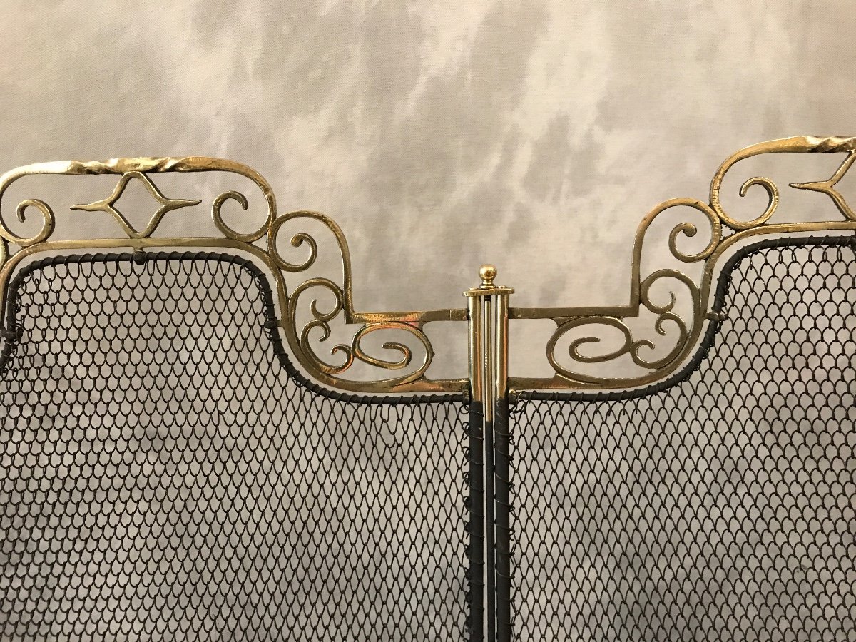 Antique Fireplace Screen In Blackened Iron And Upper Parts In Polished Bronze From The 19th Century-photo-1