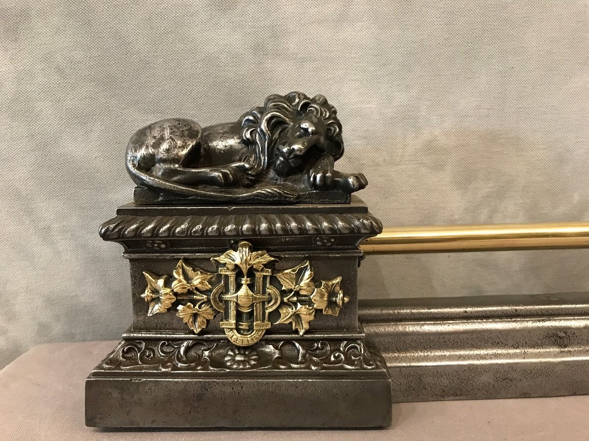 Barre De Foyer, Barre De Cheminée Ancienne Modèle Aux Lions D’époque 19ème -photo-1