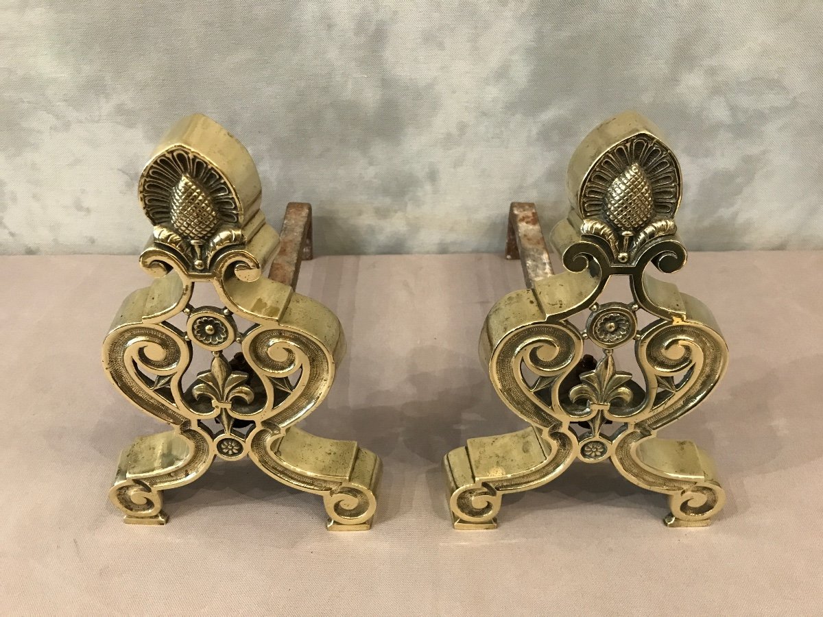 Paire De Chenets En Bronze Et Laiton D’époque 1900  Décor De Fleurs De Lys. -photo-2