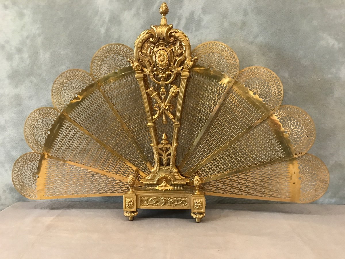 Old Fireplace Fire Screen In Bronze Fan Model From 19th Century-photo-3