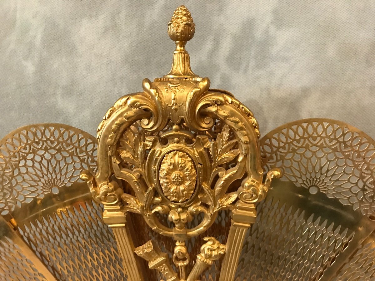 Old Fireplace Fire Screen In Bronze Fan Model From 19th Century-photo-4