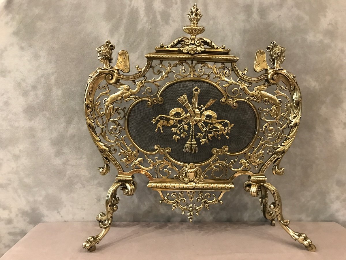 Bel écran de cheminée en bronze d'époque 19 ème de style Louis XV-fr