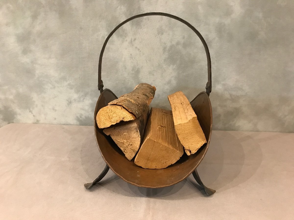 Old Log Basket In Matte Copper And Wrought Iron 20th Century 
