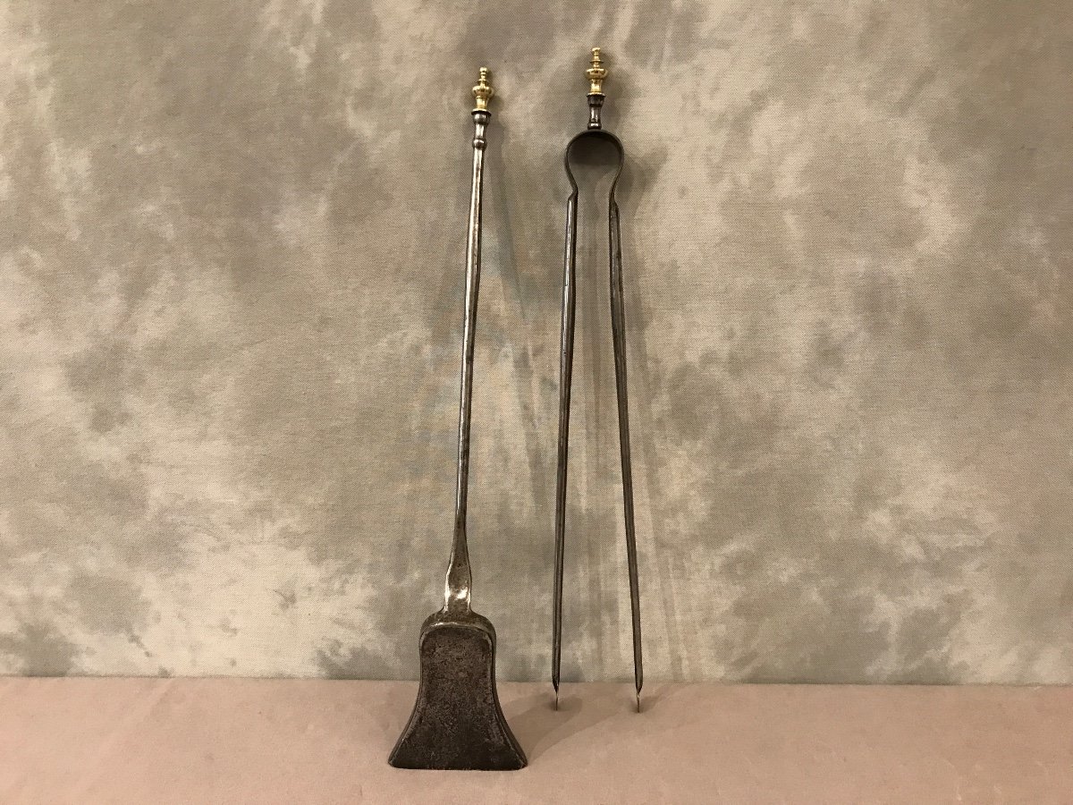 Small Set Of A Shovel And Tongs In Iron And Brass From The 19th Century -photo-4