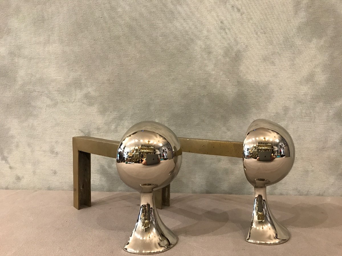 Pair Of Modernist Andirons From The 1970s Chrome Plated. -photo-3