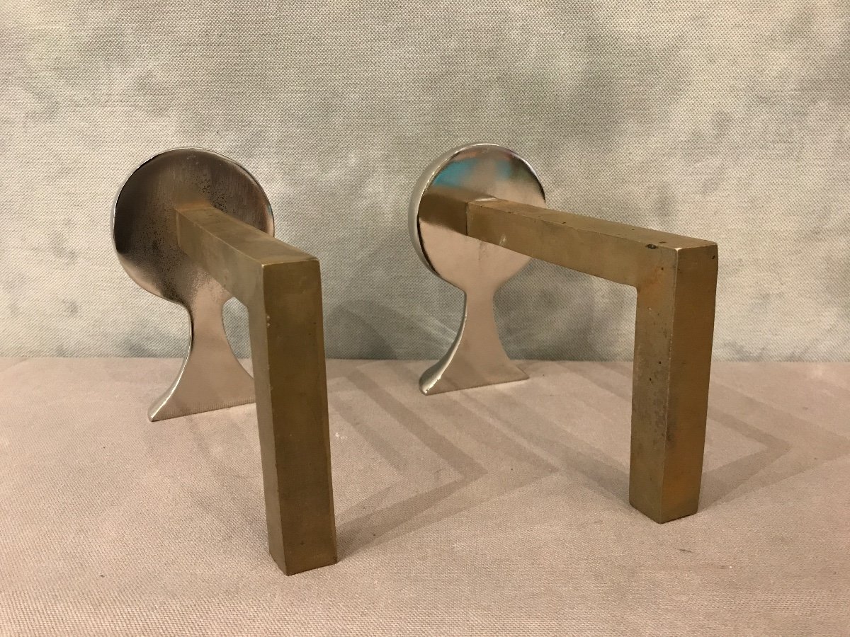 Pair Of Modernist Andirons From The 1970s Chrome Plated. -photo-4