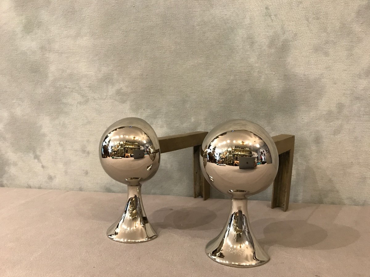 Pair Of Modernist Andirons From The 1970s Chrome Plated. -photo-1