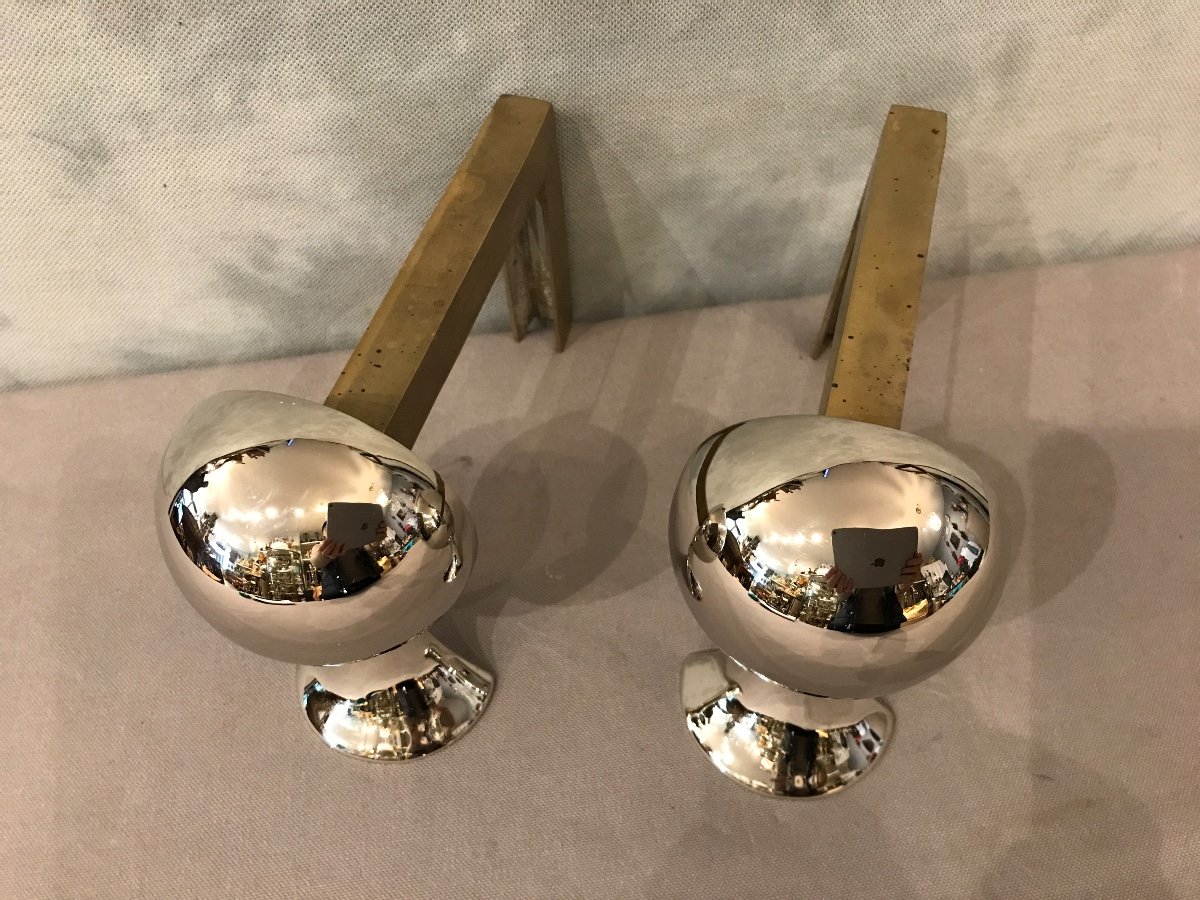 Pair Of Modernist Andirons From The 1970s Chrome Plated. -photo-2