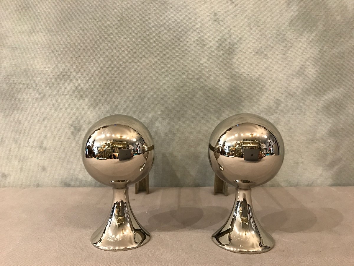 Pair Of Modernist Andirons From The 1970s Chrome Plated. 