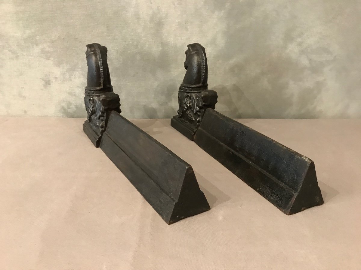 Pair Of Cast Iron Andirons Representing Horses Late 19th Century -photo-1