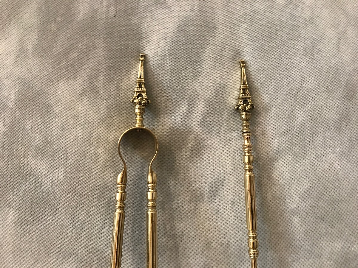 Set Of A 19th Century Brass Shovel And Tongs With Eiffel Tower Decor. -photo-2