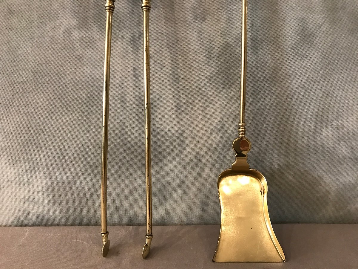 Set Of A 19th Century Brass Shovel And Tongs With Eiffel Tower Decor. -photo-3