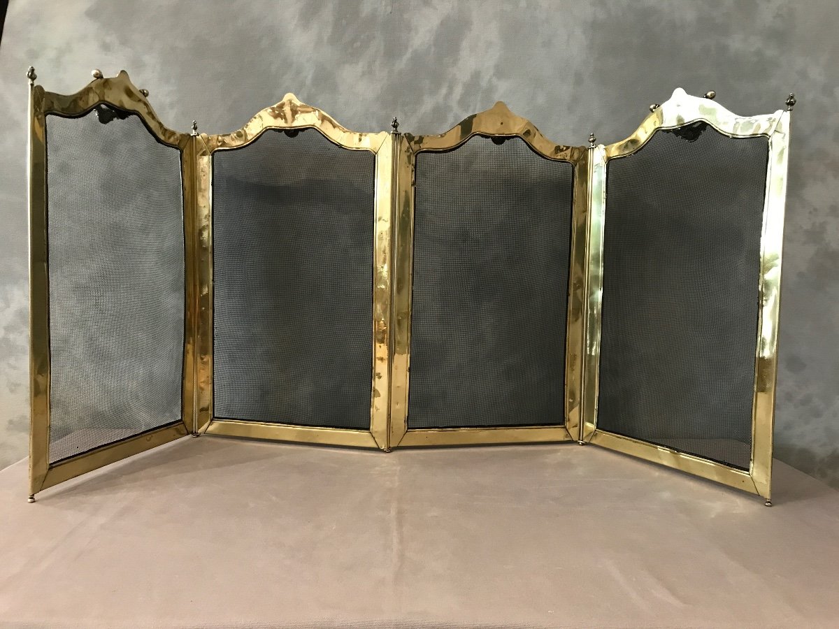 Beautiful Old Fireplace Fire Screen In Brass From The 19th Century -photo-2