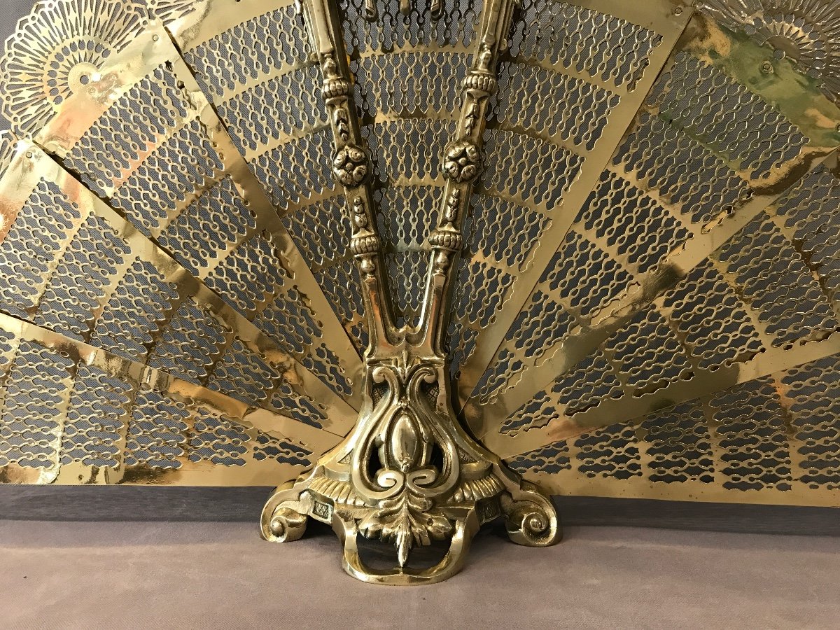 Old Chimney Fire Screen In Fan From 19th Century In Bronze And Brass -photo-2