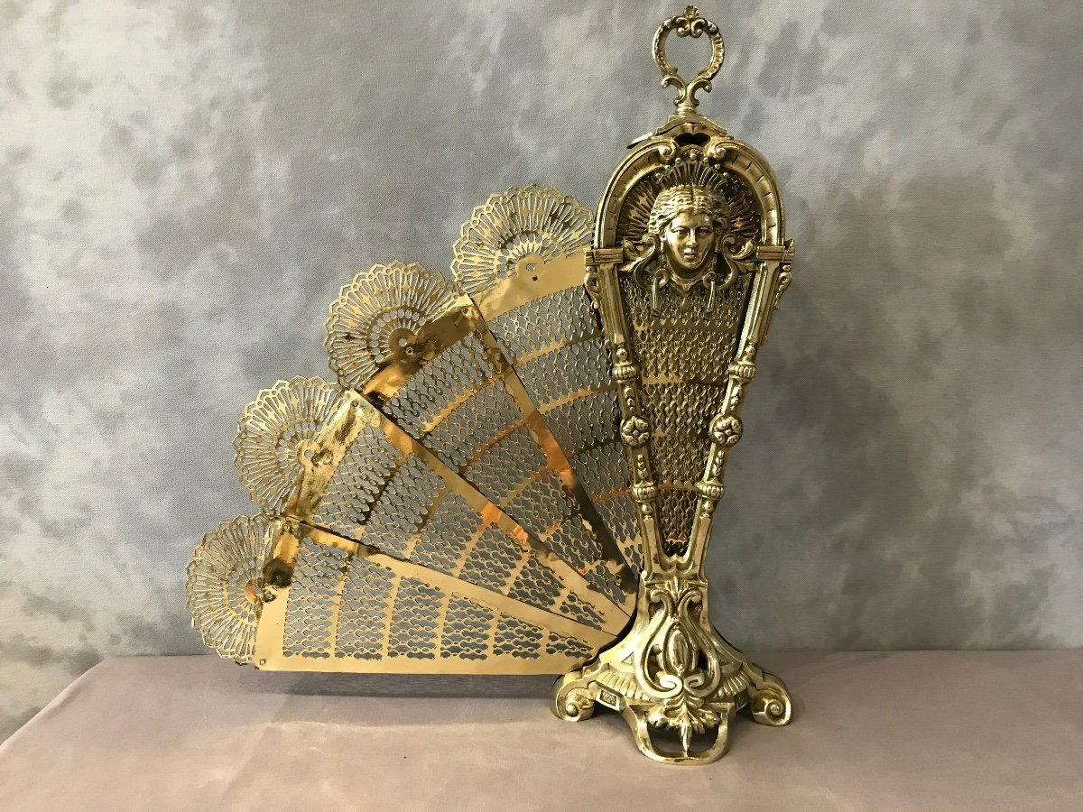 Old Chimney Fire Screen In Fan From 19th Century In Bronze And Brass -photo-4