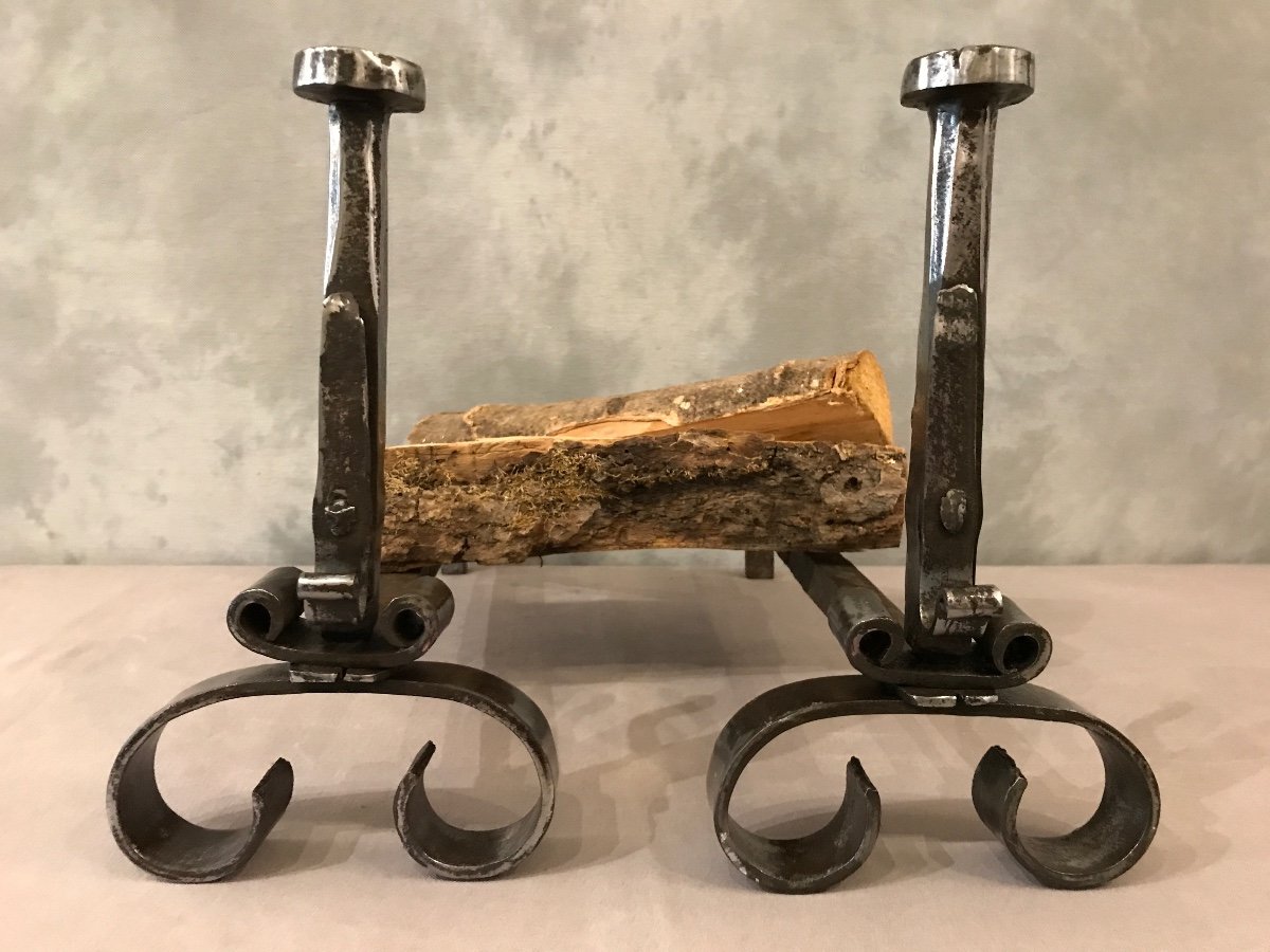 Pair Of Antique Wrought Iron Andirons From The 18th Century 