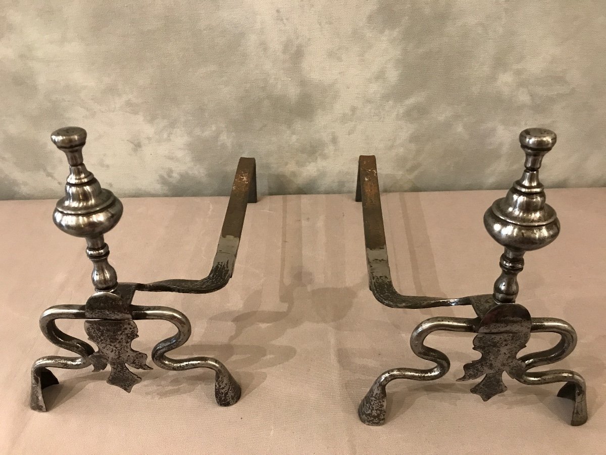 Pair Of Antique Wrought Iron Andirons From The Late 17th Century -photo-3