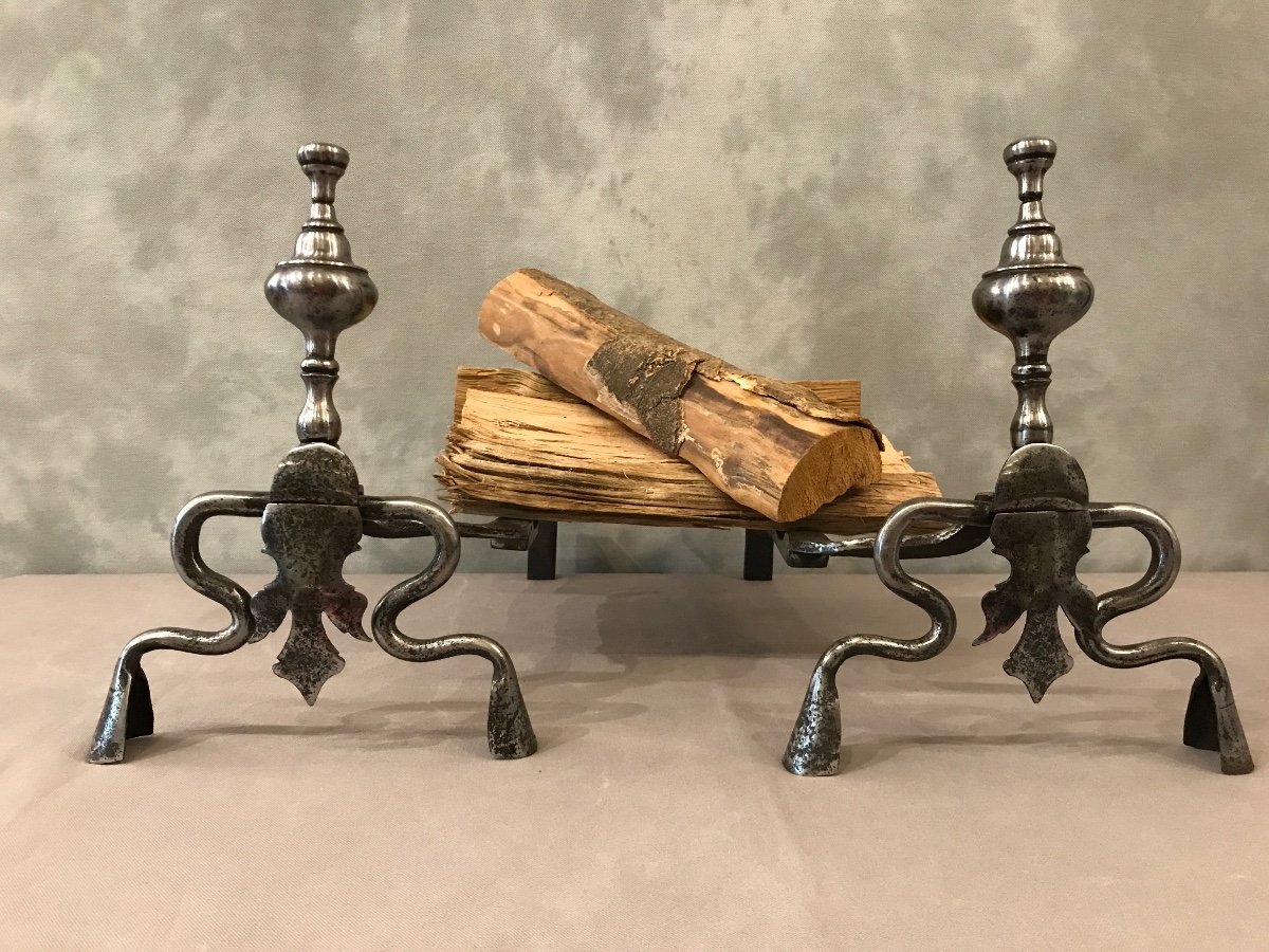 Pair Of Antique Wrought Iron Andirons From The Late 17th Century 