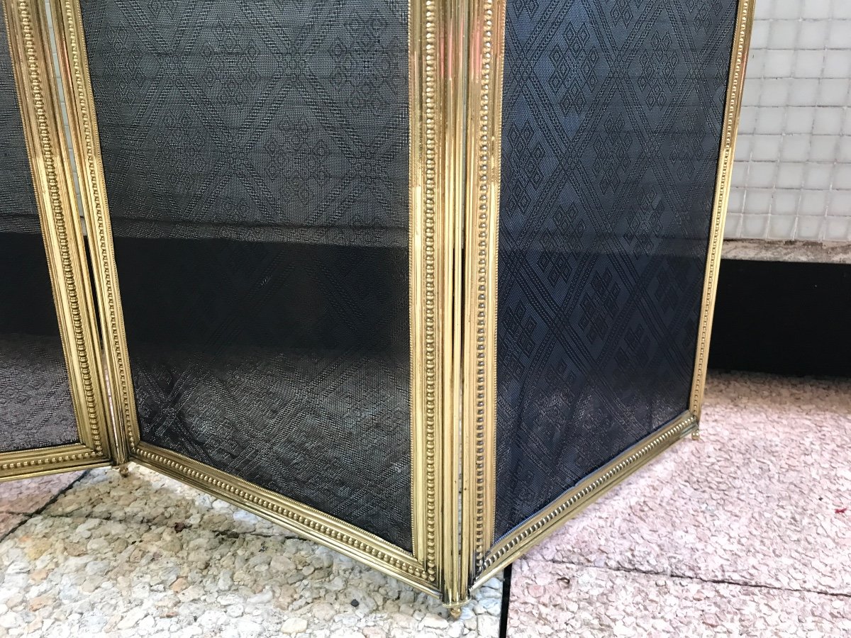 Beautiful Large Antique Fireplace Fire Screen In Brass From The 19th Century In Louis XVI Style -photo-4