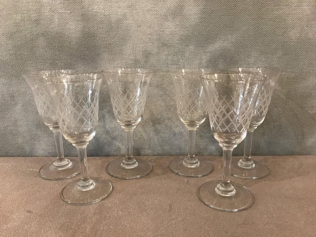 Set Of 6 Engraved Crystal Glasses Circa 1950-photo-3