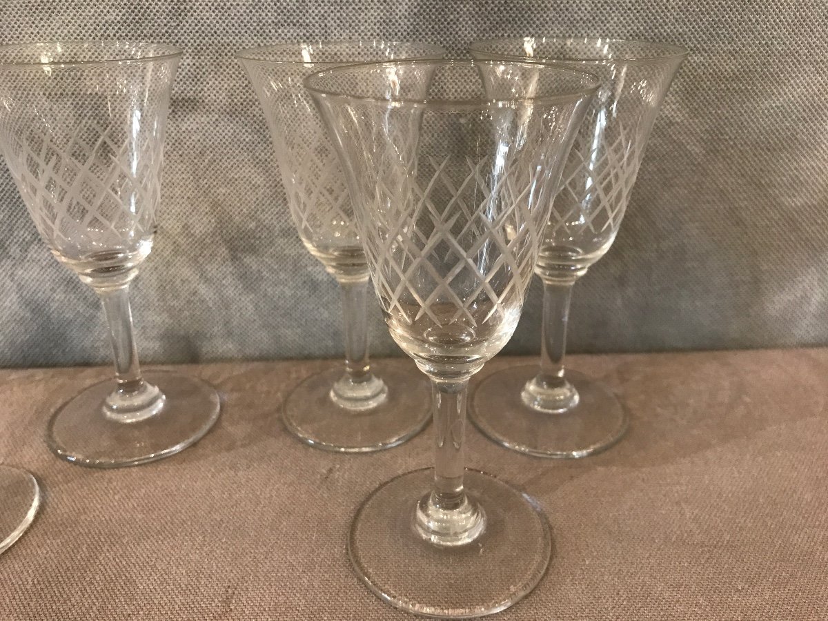 Set Of 6 Engraved Crystal Glasses Circa 1950-photo-4