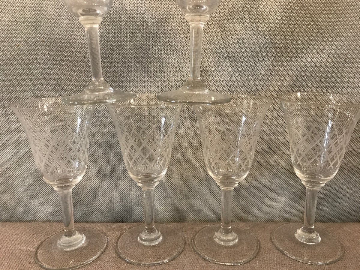 Set Of 6 Engraved Crystal Glasses Circa 1950-photo-2