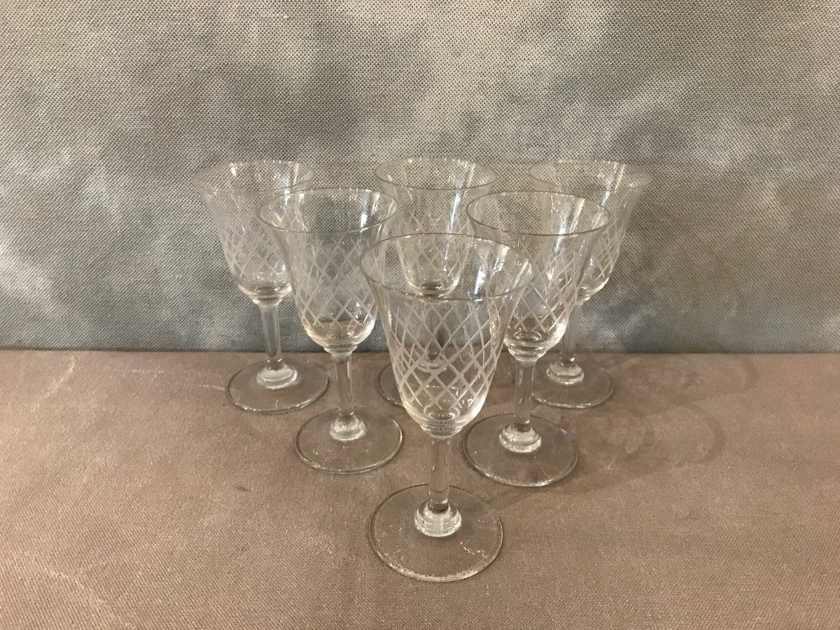 Set Of 6 Engraved Crystal Glasses Circa 1950