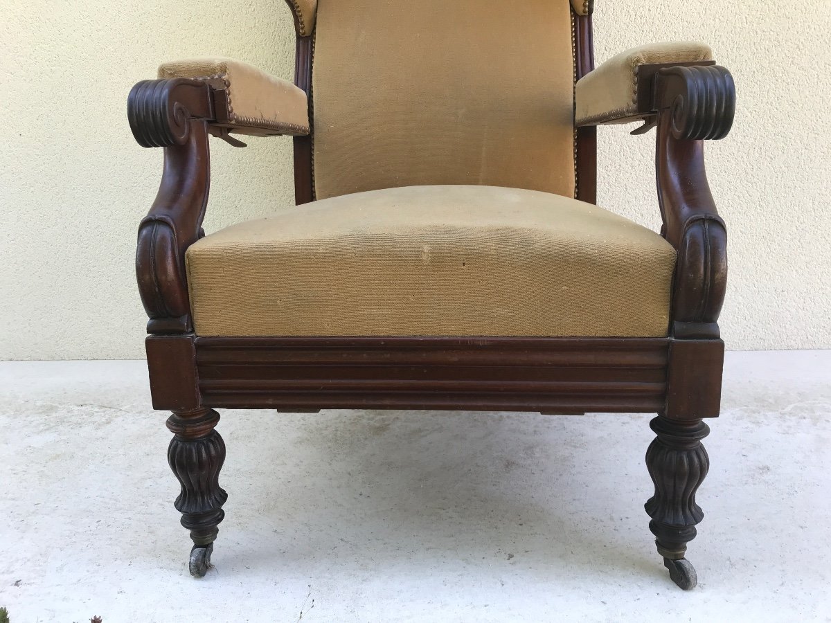 Fauteuil Voltaire Ancien En Acajou, Modèle à Oreilles D’époque 19 ème -photo-2