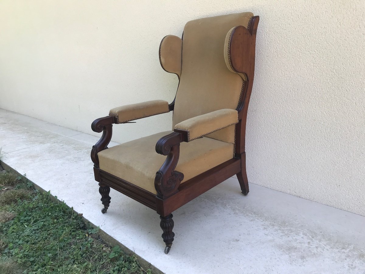 Antique Voltaire Armchair In Mahogany, 19th Century Wingback Model -photo-3