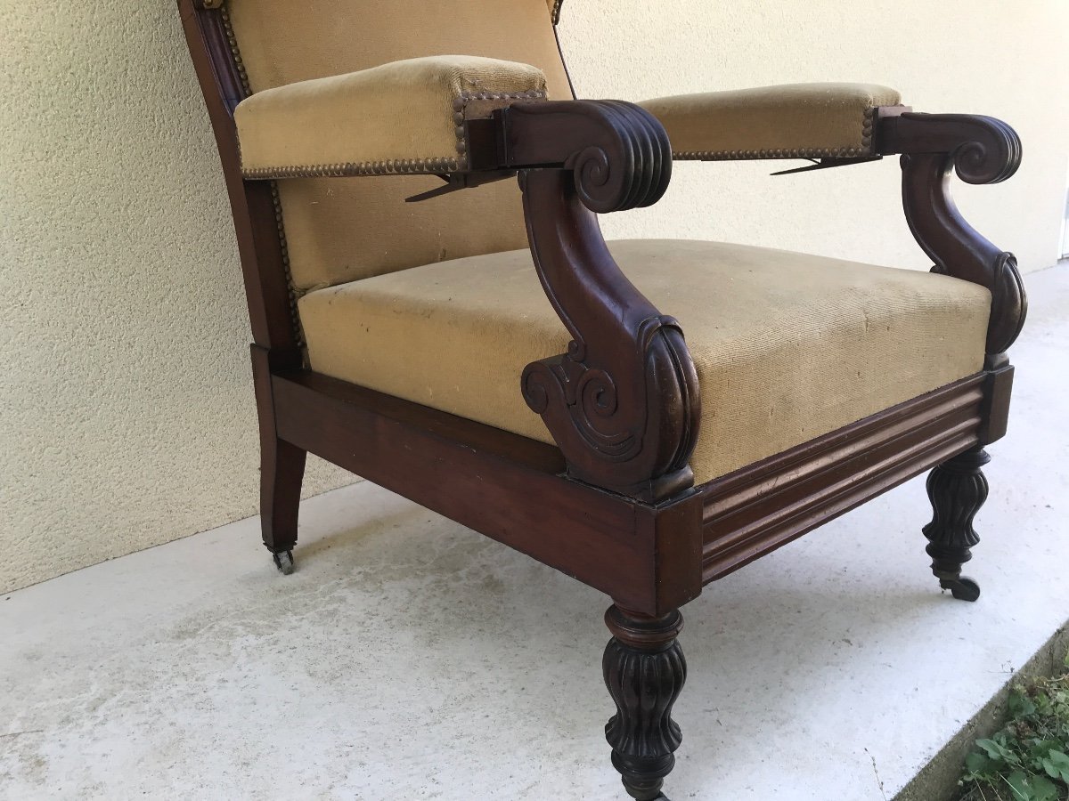 Fauteuil Voltaire Ancien En Acajou, Modèle à Oreilles D’époque 19 ème -photo-4