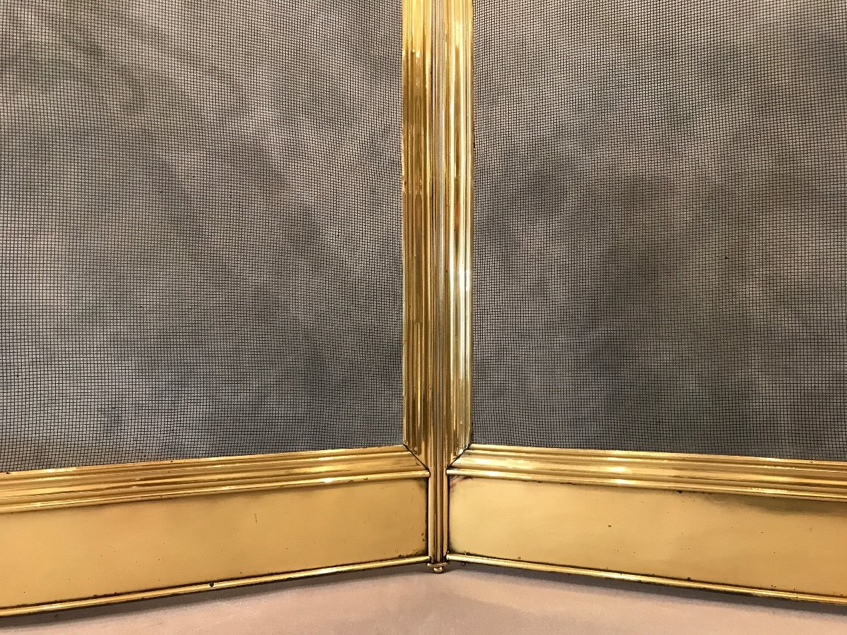 Antique 19th Century Polished Brass Fireplace Screen With Scrolls. -photo-3