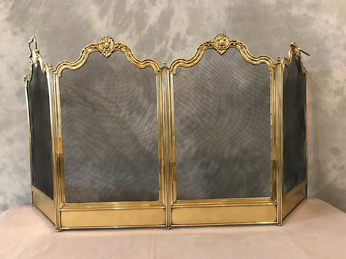 Antique 19th Century Polished Brass Fireplace Screen With Scrolls. -photo-4